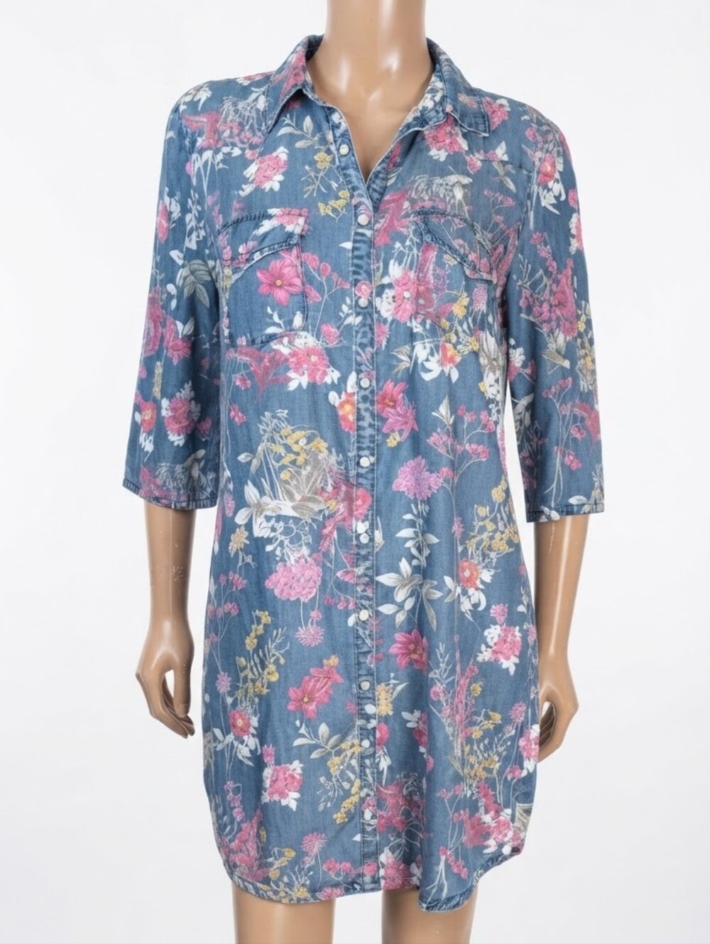 KUT from the Kloth Floral Tencel Denim Shirt Dress Womens Size Medium Blue Pink